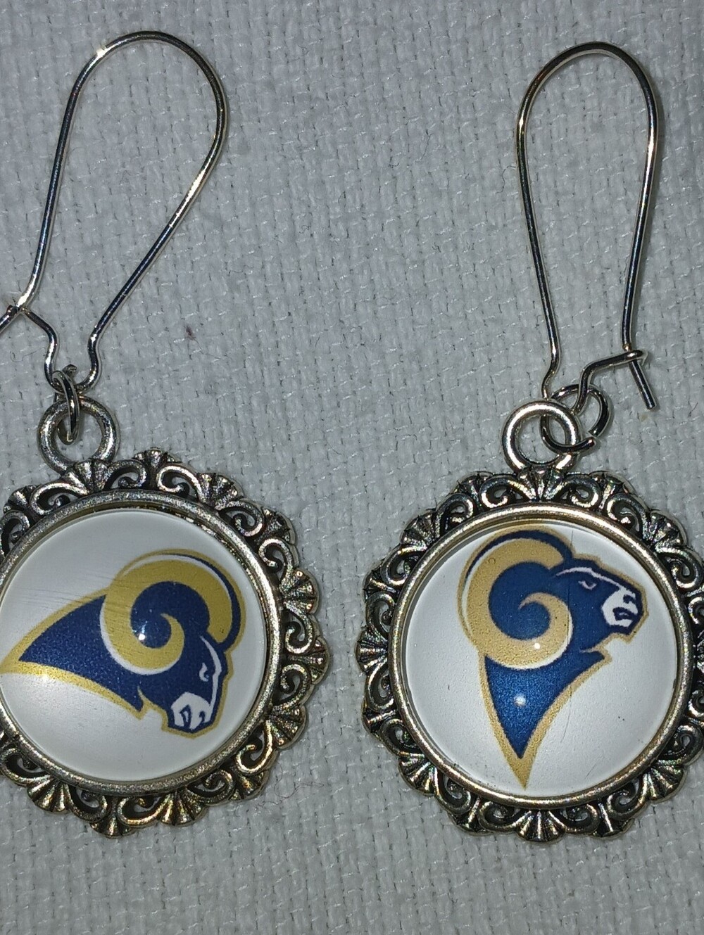NWT Handcrafted Unbranded Blue & Gold Rams Logo Drop Earrings.